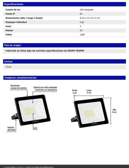 Reflector LED para exteriores de 20 W con luz de día