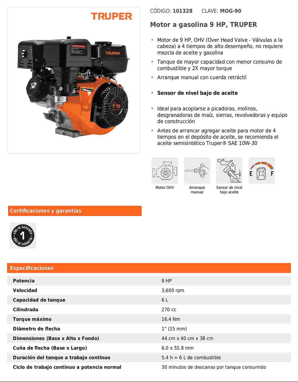 Motor a gasolina de 9 HP con sensor de aceite y arranque manual