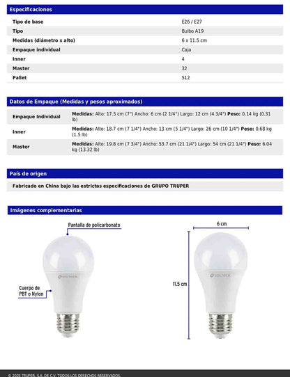 Pack de 4 focos LED 12W A19 6500K blanca fría 1050 lm