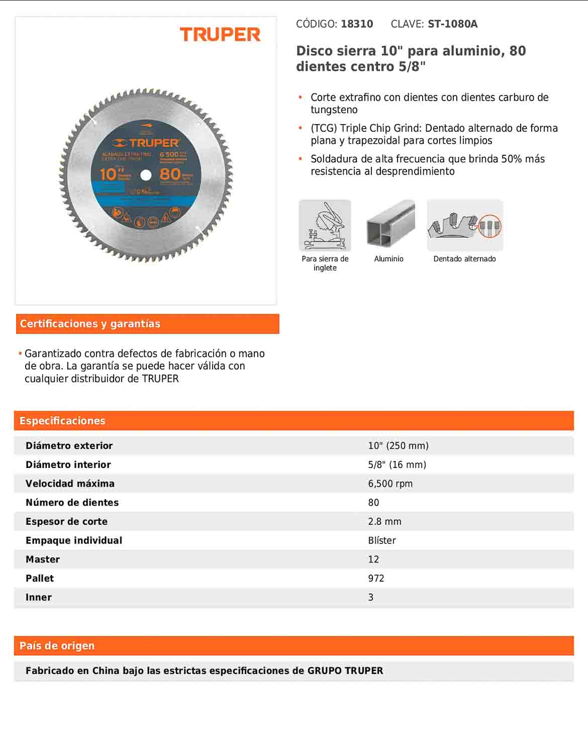 Disco sierra para aluminio de 10 pulgadas con 80 dientes y centro de 5/8 pulgadas