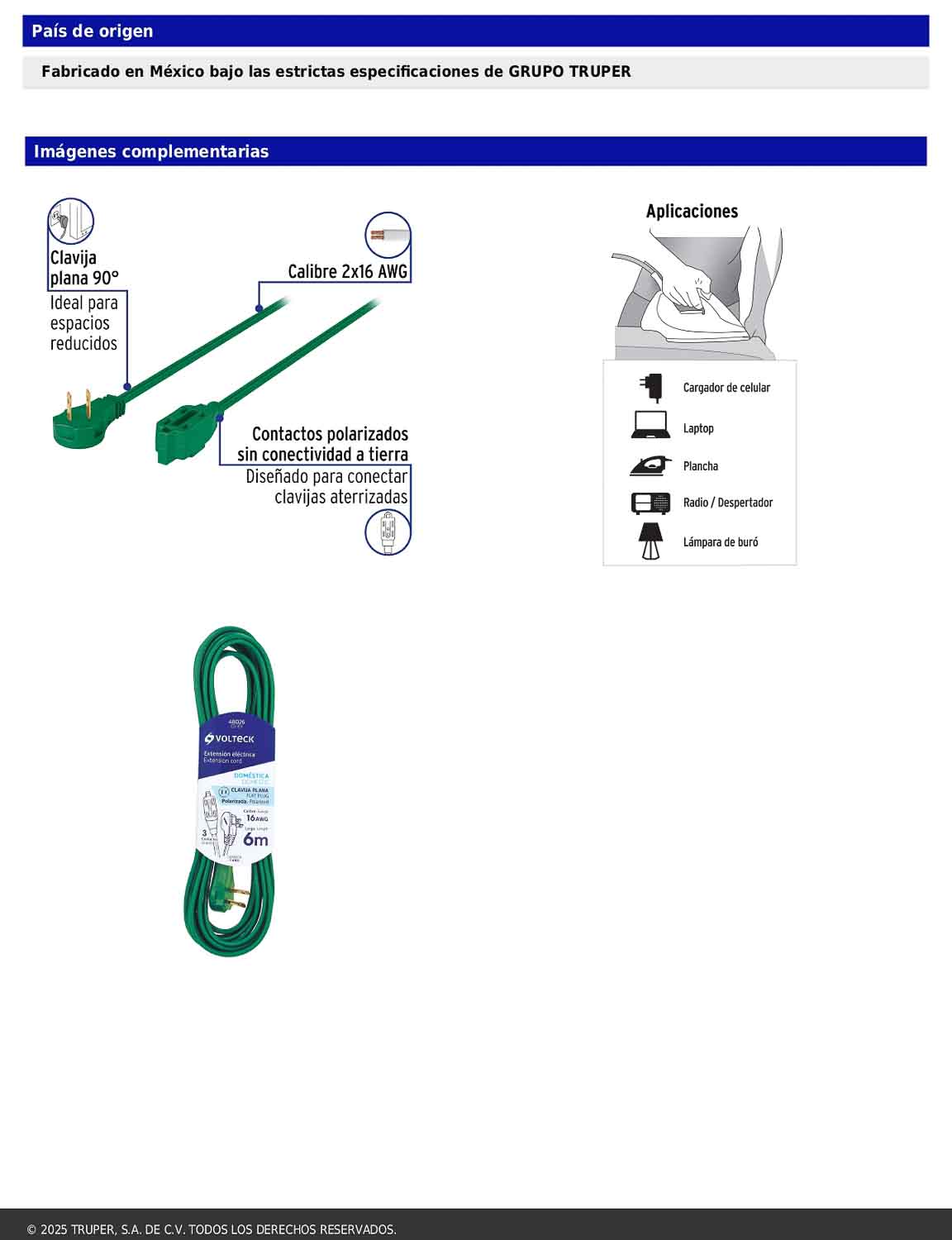 Extensión eléctrica doméstica de 6 m con clavija plana verde