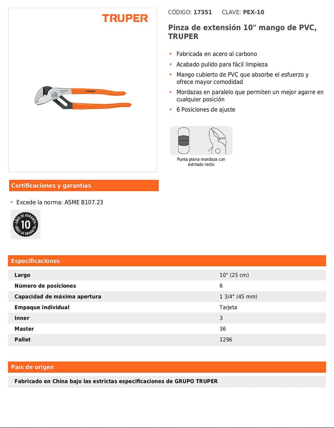 Pinza de extensión de 25 cm con mango de PVC