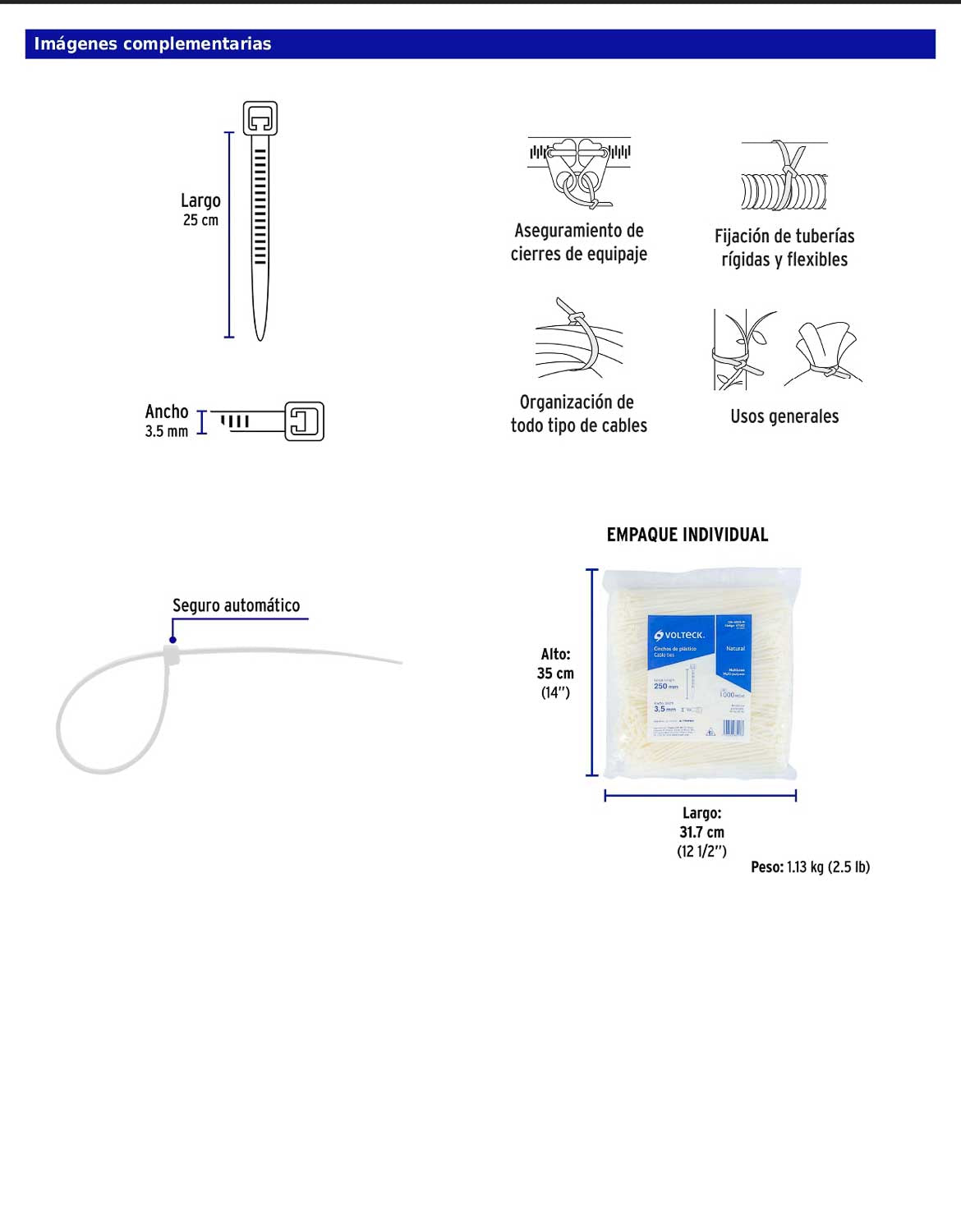 Bolsa con 1000 cinchos plásticos 40 lb 250 x 3.5 mm natural