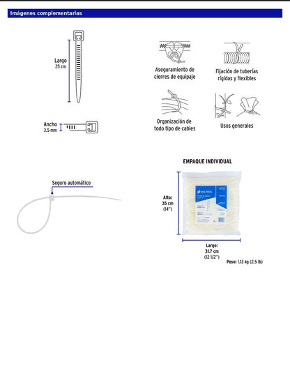 Bolsa con 1000 cinchos plásticos 40 lb 250 x 3.5 mm natural