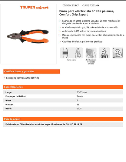 Pinza para electricista 6" alta palanca con mango Comfort Grip