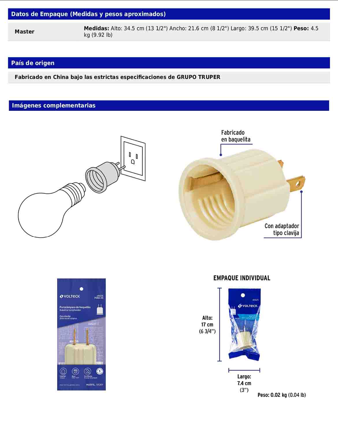 Portalámpara de baquelita con adaptador tipo clavija marfil