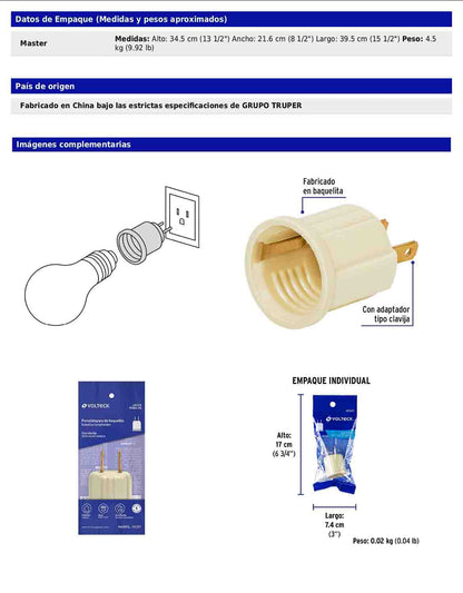 Portalámpara de baquelita con adaptador tipo clavija marfil