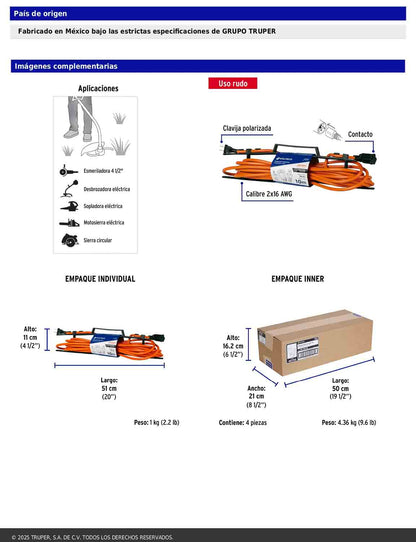 Extensión eléctrica de uso rudo de 10 m con calibre 2x16 AWG para una clavija