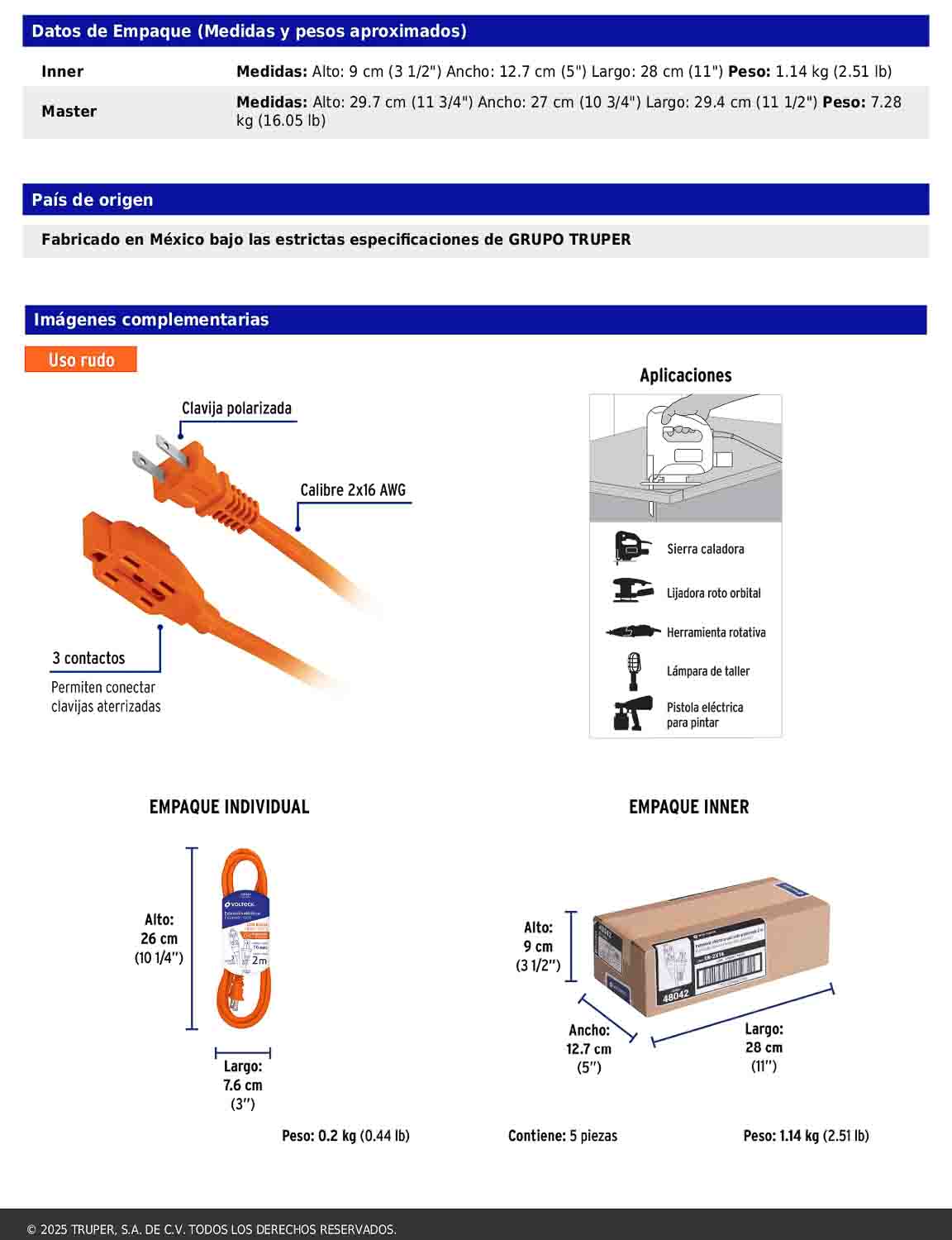 Extensión eléctrica de uso rudo de 2 m con calibre 2x16 AWG
