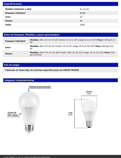 Foco LED 14W A19 6500K blanca fría 1500 lm
