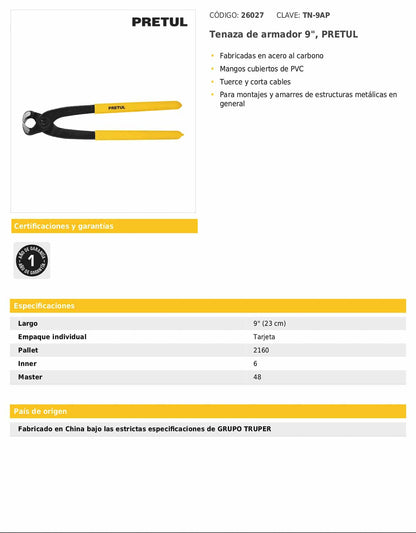 Tenaza de armador de 9 pulgadas con mangos de PVC