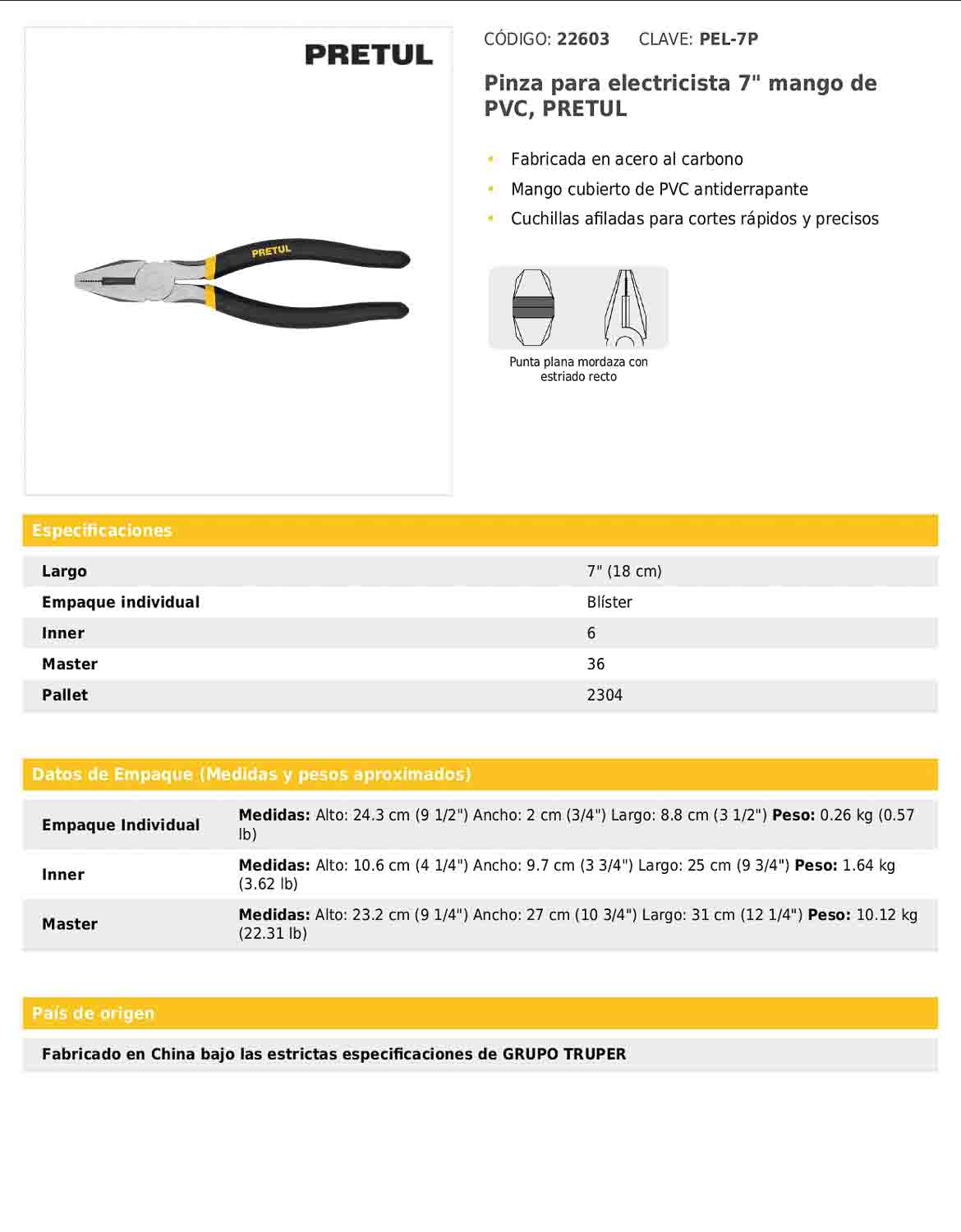 Pinza para electricista de 18 cm con mango de PVC