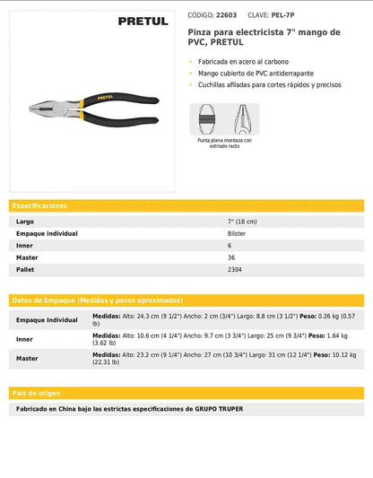 Pinza para electricista de 18 cm con mango de PVC