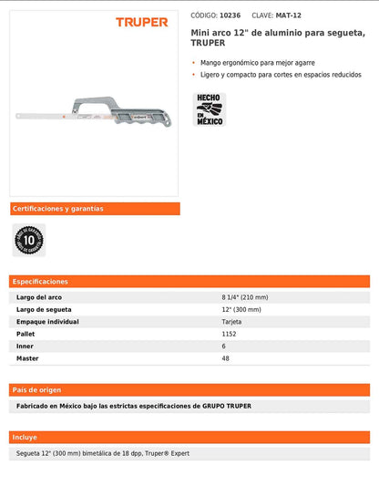 Mini sierra de arco de 12" de aluminio