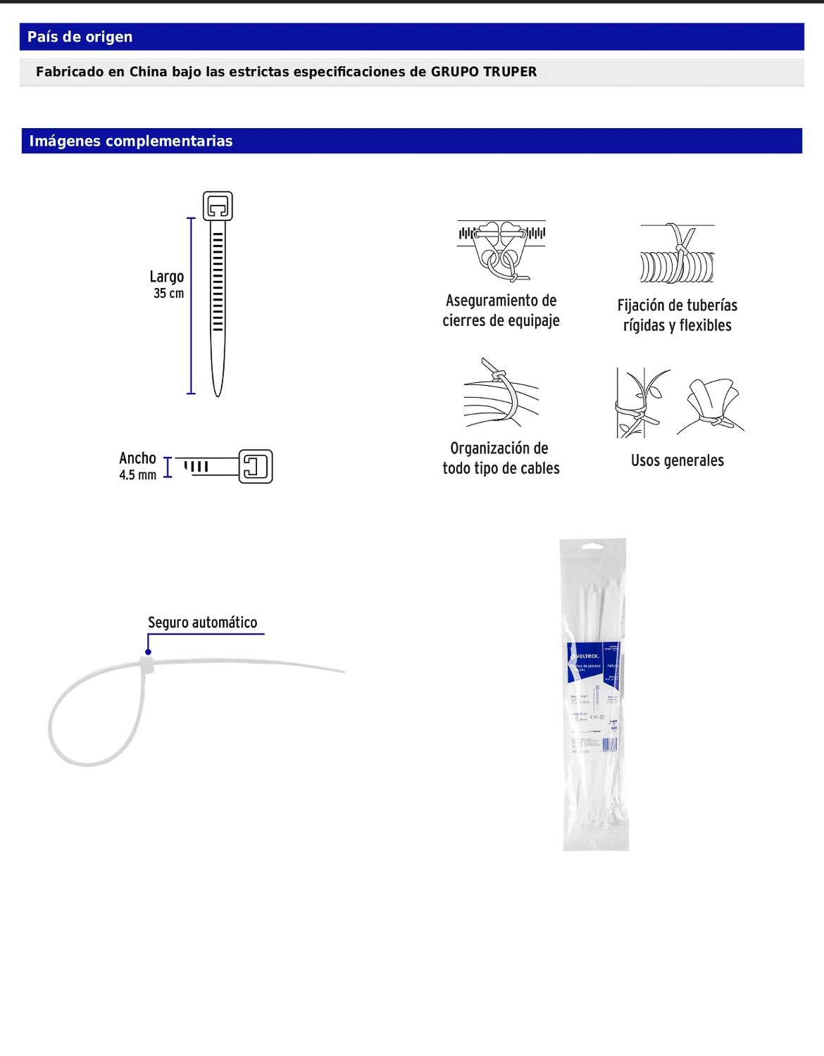 Bolsa con 25 cinchos plásticos de 50 lb de 35 cm de largo y 4.5 mm de ancho en color natural