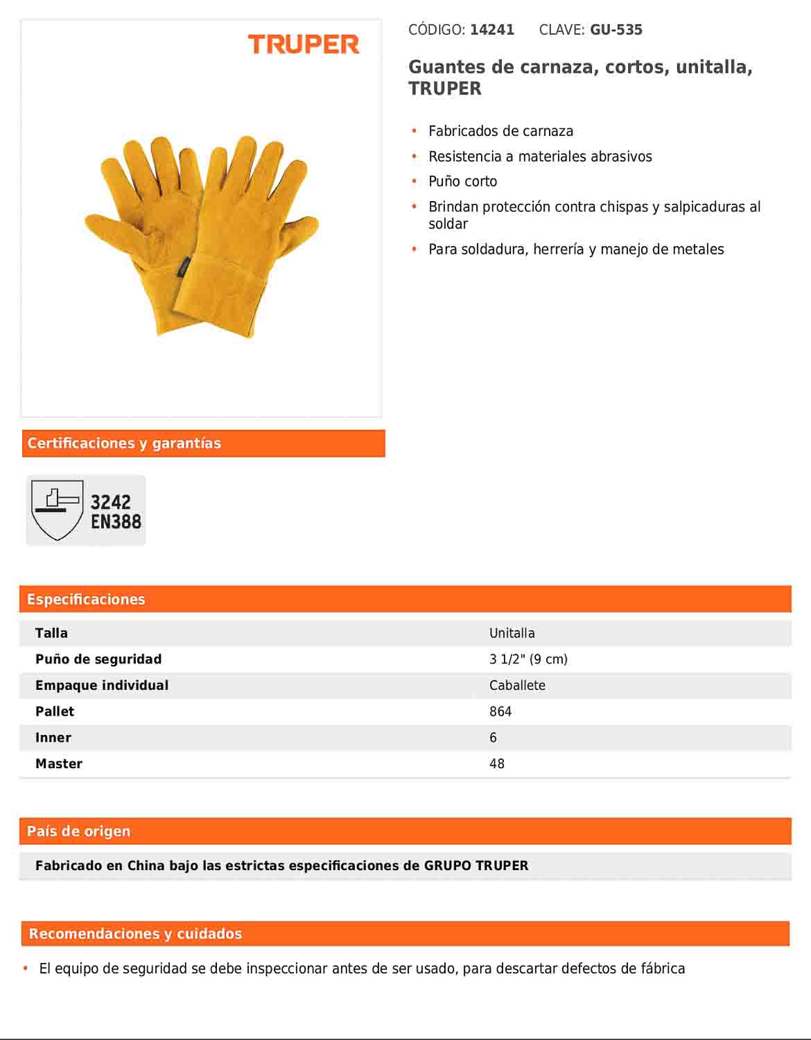 Guantes de carnaza cortos unitalla TRUPER (GU-535)
