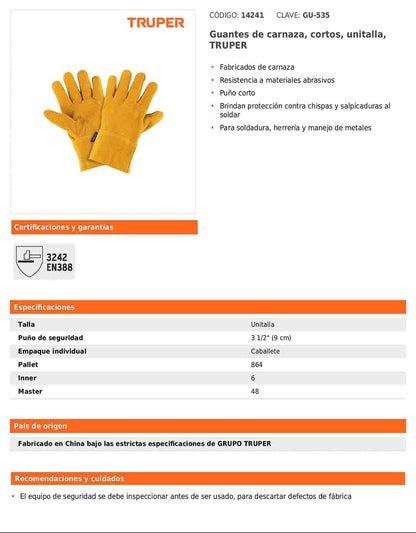 Guantes de carnaza cortos unitalla TRUPER (GU-535)