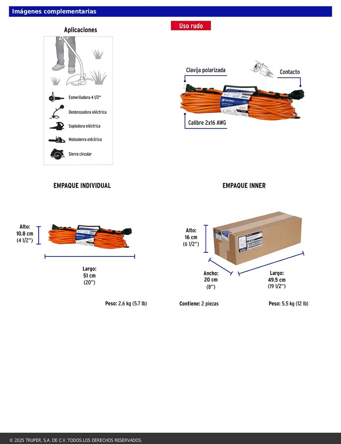 Extensión eléctrica de uso rudo de 30 m con calibre 2x16 AWG para una clavija