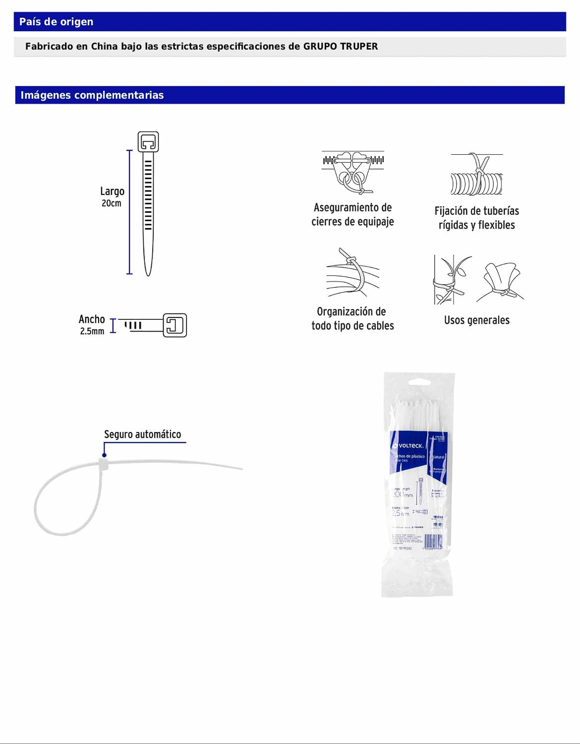 Bolsa con 100 cinchos plásticos 18 lb de 200 x 2.5 mm natural