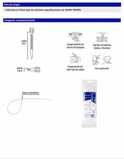 Bolsa con 100 cinchos plásticos 18 lb de 200 x 2.5 mm natural