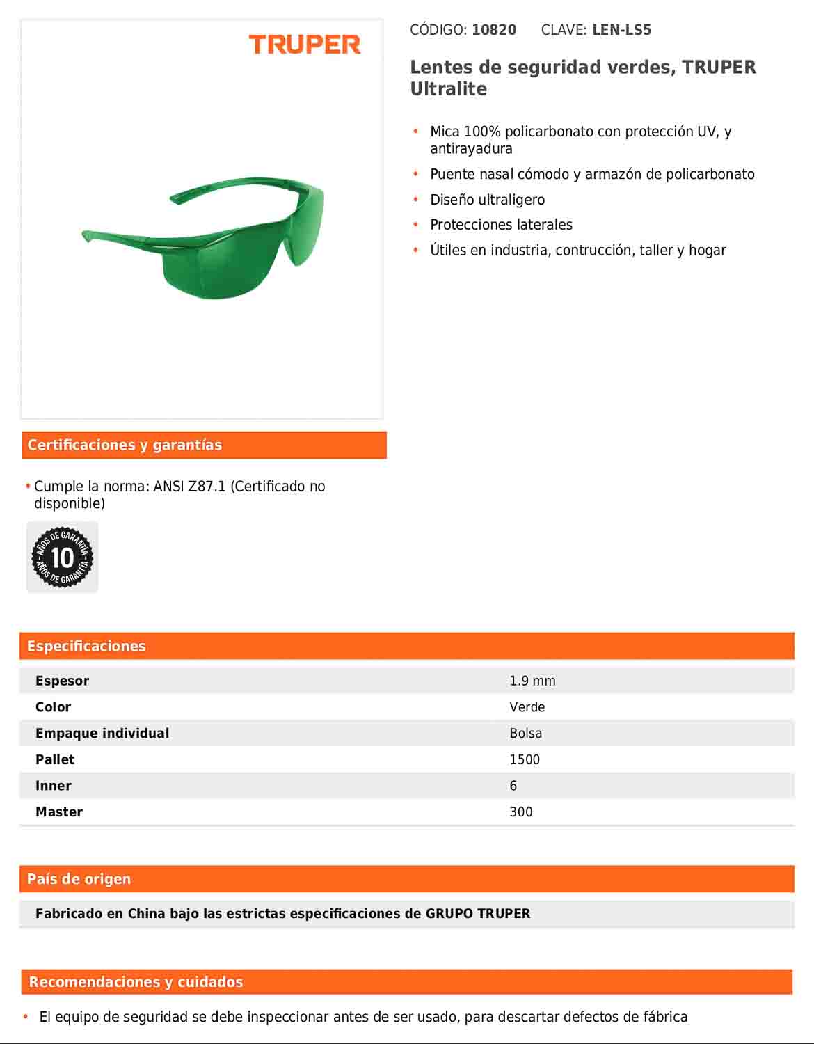 Lentes de seguridad verdes TRUPER Ultralite (LEN-LS5)  Estos lentes de seguridad tienen mica 100% de policarb