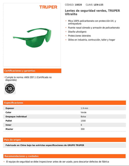 Lentes de seguridad verdes TRUPER Ultralite (LEN-LS5)  Estos lentes de seguridad tienen mica 100% de policarb