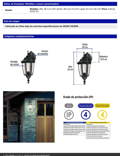 Arbotante tipo farol tradicional suspendido para exterior color negro