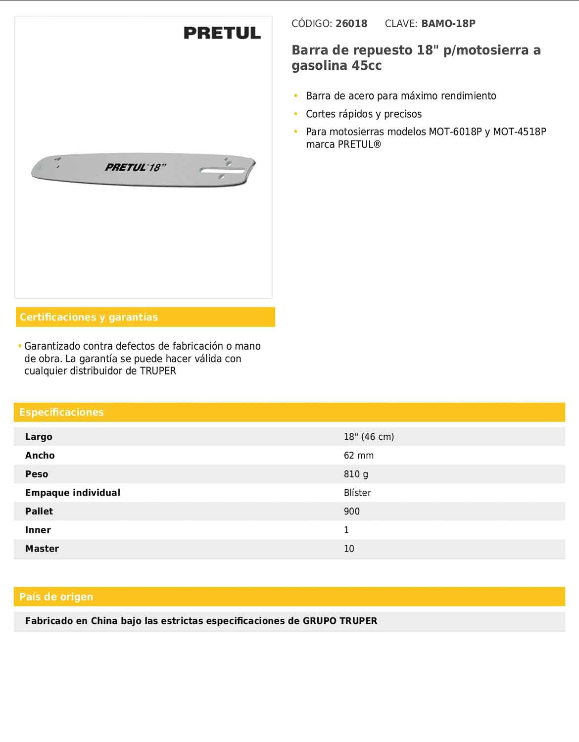 Barra de repuesto 18" para motosierra a gasolina de 45 cc