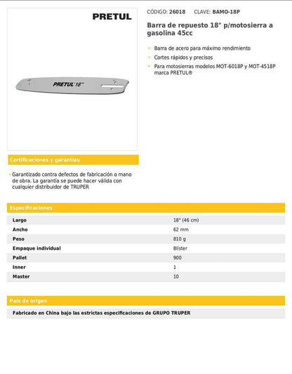 Barra de repuesto 18" para motosierra a gasolina de 45 cc