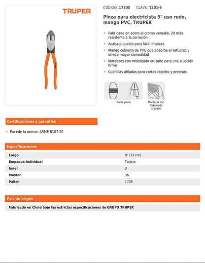 Pinza para electricista 9" uso rudo con mango PVC