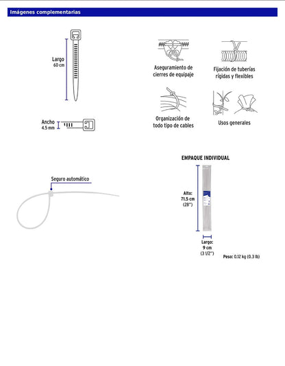 Bolsa con 25 cinchos plásticos de 50 lb de 60 cm de largo y 4.5 mm de ancho en color natural