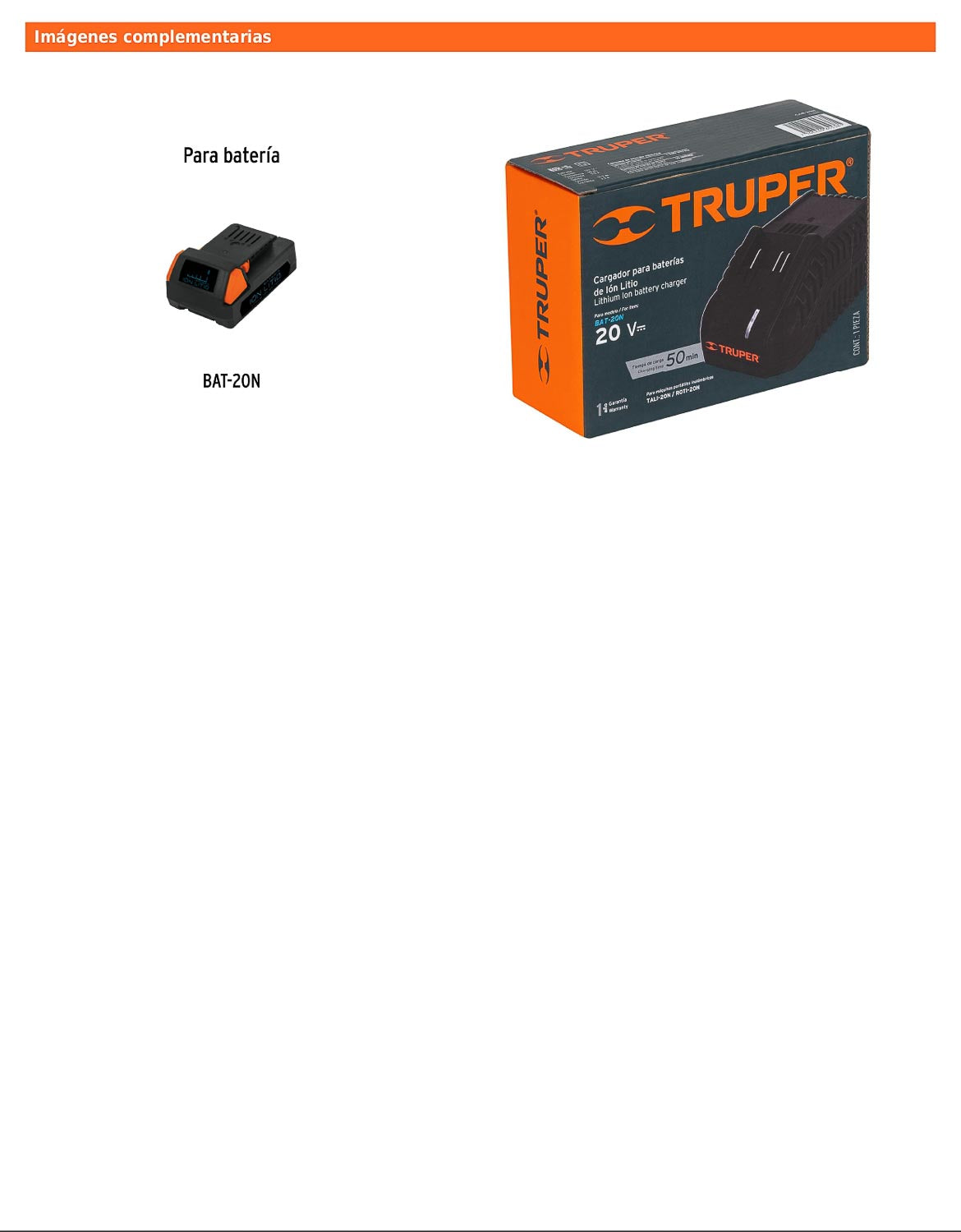 Cargador de baterías de ion litio de 20 V para TALI-20N y ROTI-20N