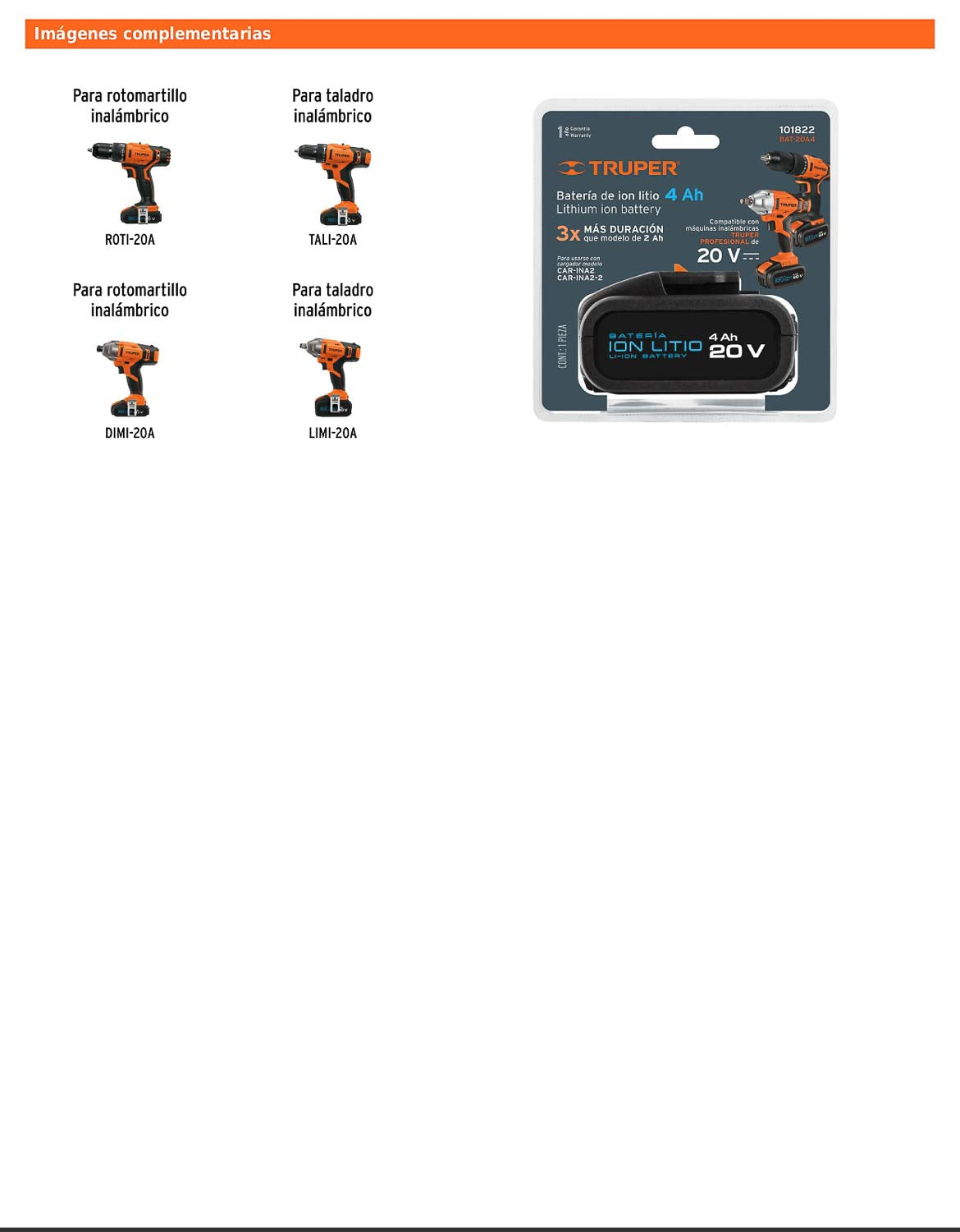 Batería de ion litio de 20 V con capacidad de 4 Ah