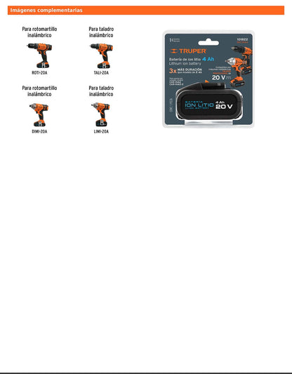 Batería de ion litio de 20 V con capacidad de 4 Ah