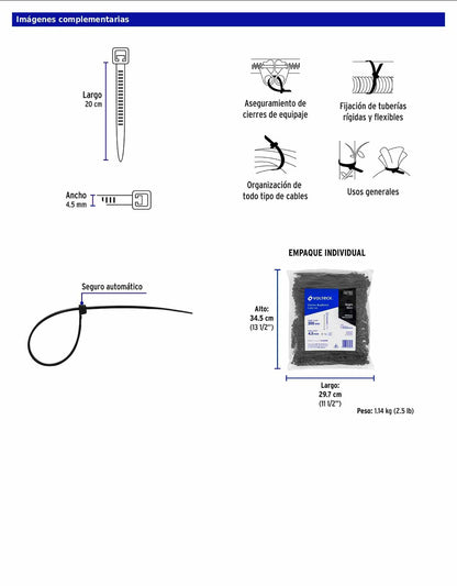 Bolsa con 1000 cinchos plásticos 50 lb 200 x 4.5 mm negro