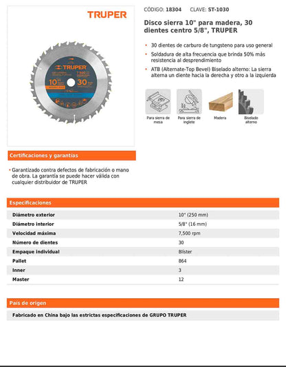 Disco de sierra de 10 pulgadas con 30 dientes de carburo y centro de 5/8 pulgadas