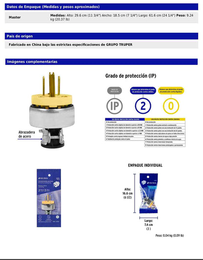 Clavija industrial blindada aterrizada de 127 V y 15 A con 2 polos + tierra