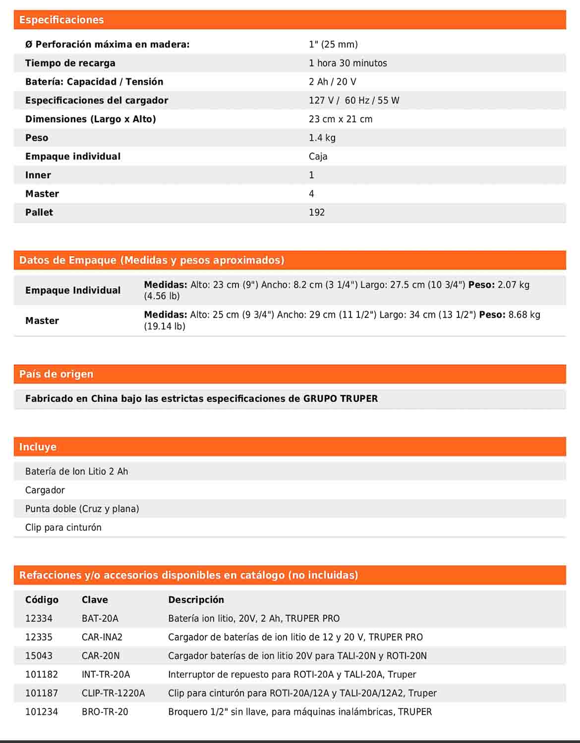 Rotomartillo inalámbrico de 1/2 in con batería 20 V y dos velocidades