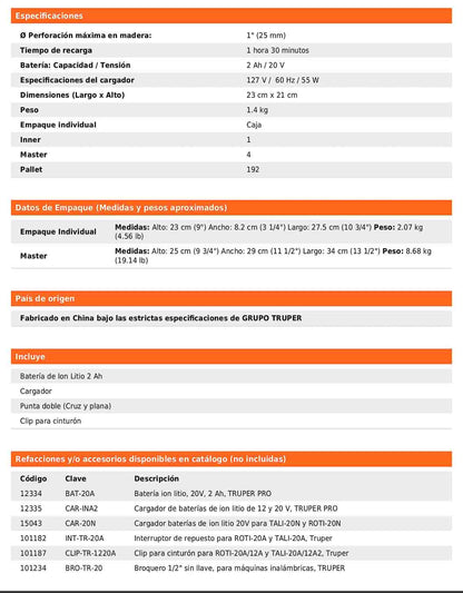 Rotomartillo inalámbrico de 1/2 in con batería 20 V y dos velocidades