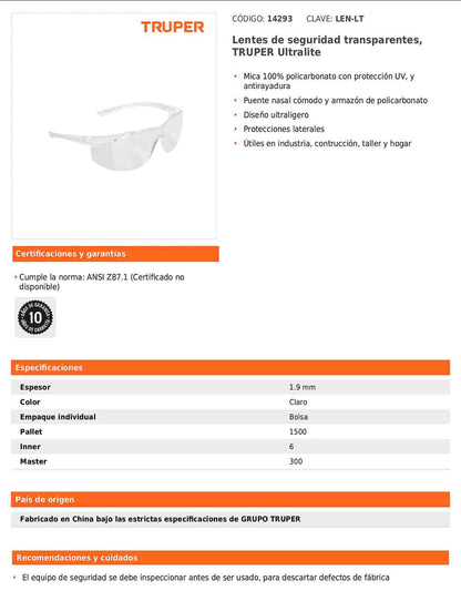 Lentes de seguridad transparentes TRUPER Ultralite