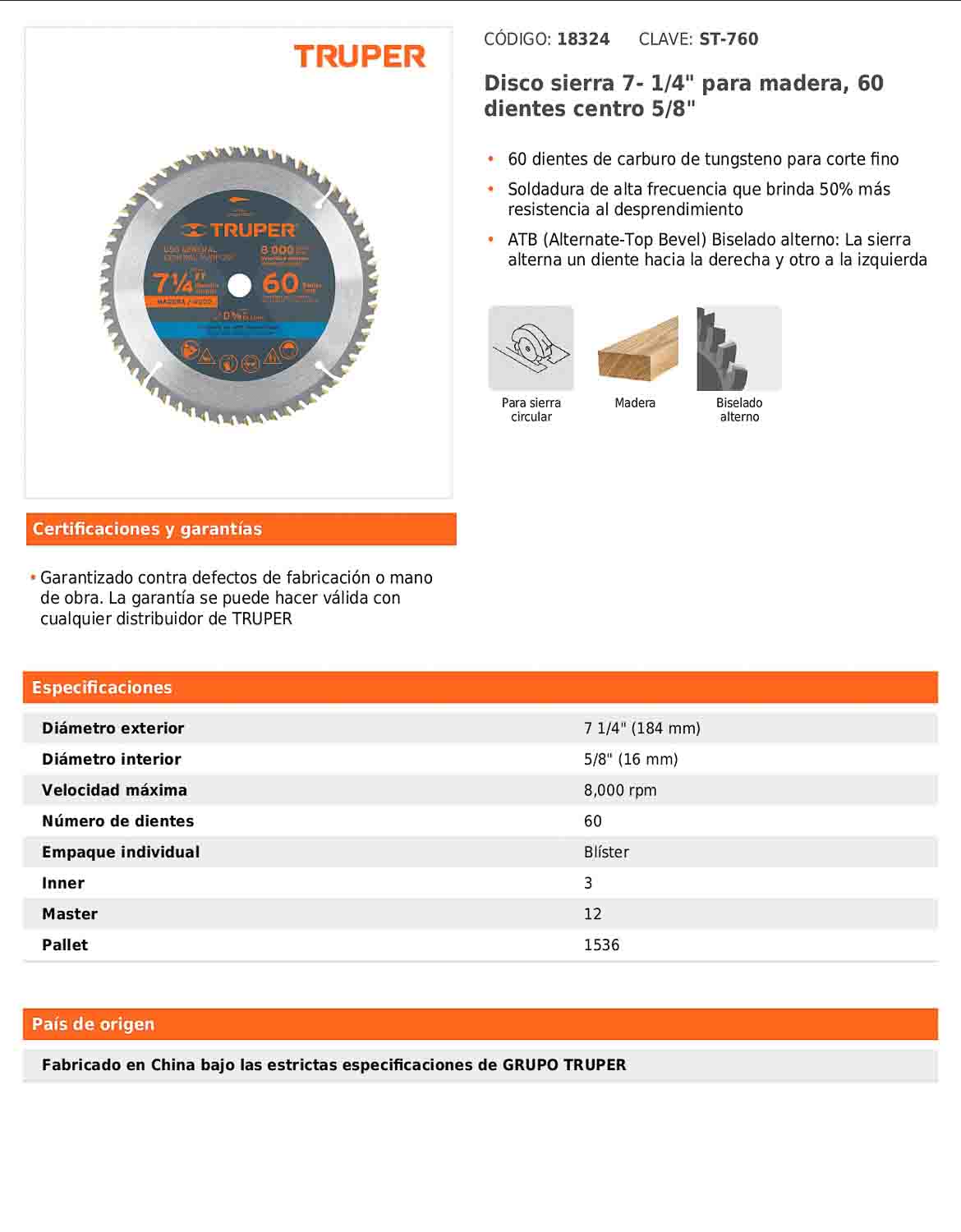 Disco de sierra de 7 1/4 pulgadas con 60 dientes de carburo y centro de 5/8 pulgadas