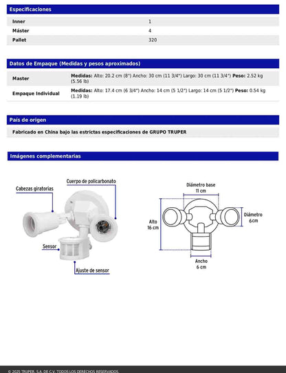 Arbotante blanco con sensor de movimiento y doble cabezal dirigible