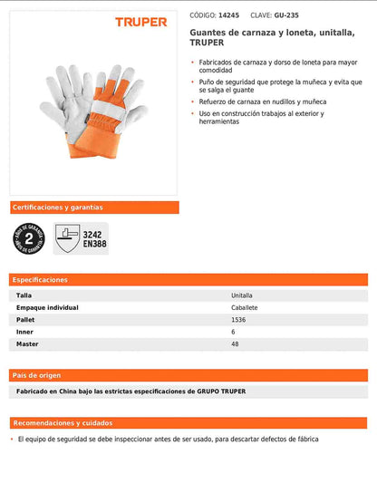 Guantes de carnaza y loneta unitalla TRUPER (GU-235)