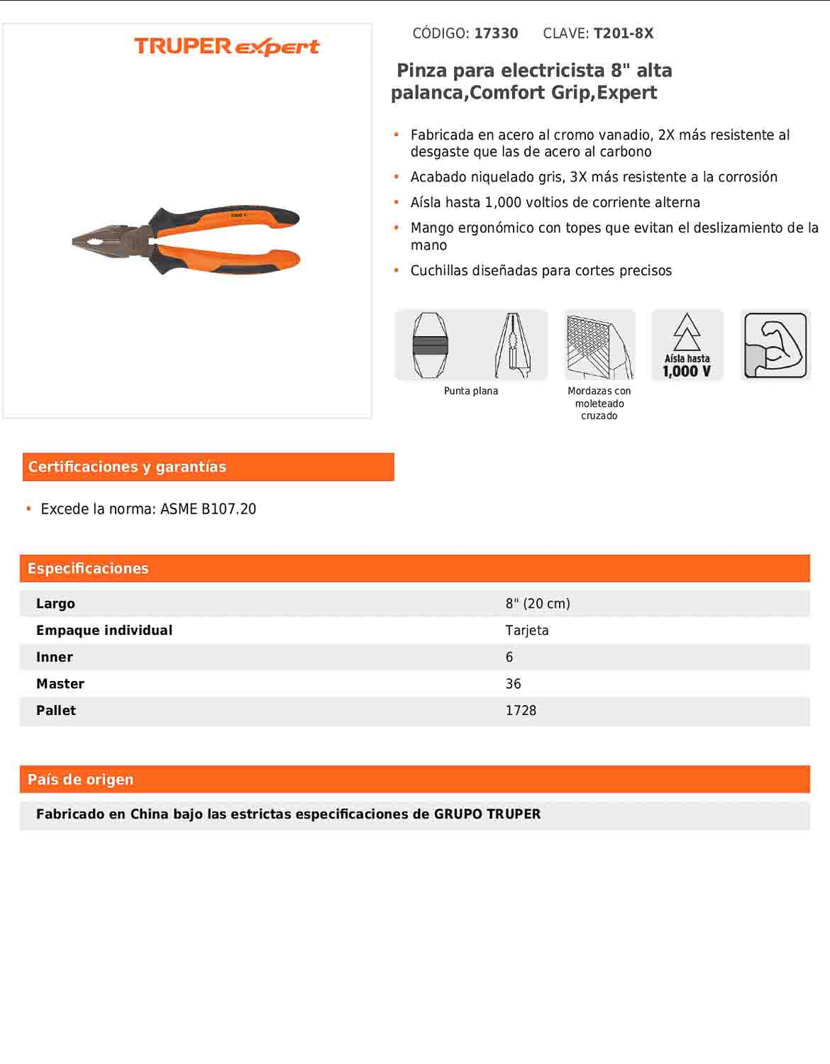 Pinza para electricista 8" alta palanca con mango Comfort Grip