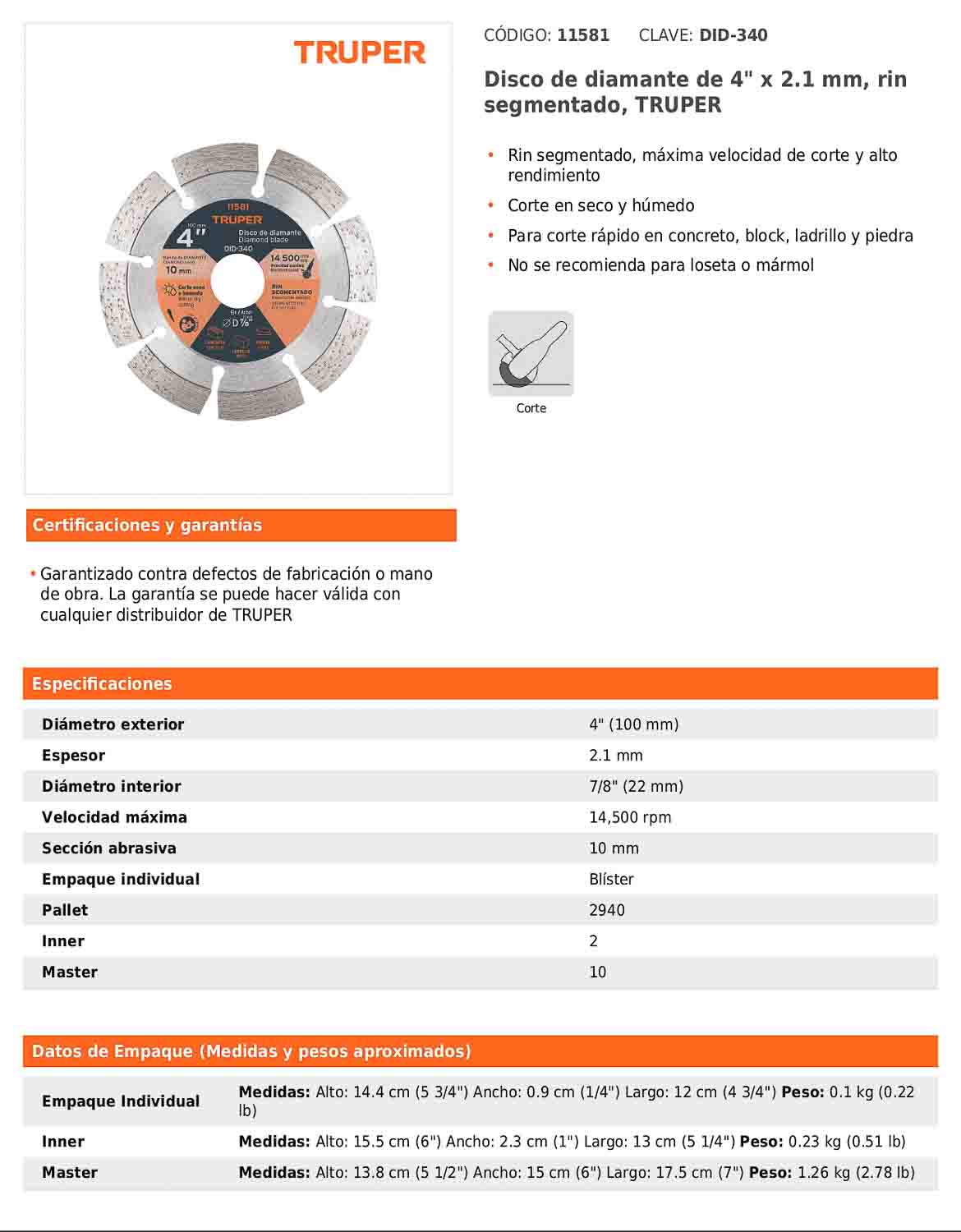 Disco de diamante de 4 pulgadas y 2.1 mm con rin segmentado
