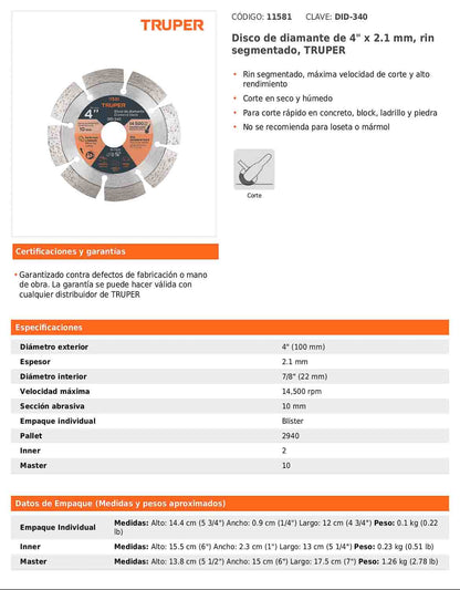 Disco de diamante de 4 pulgadas y 2.1 mm con rin segmentado