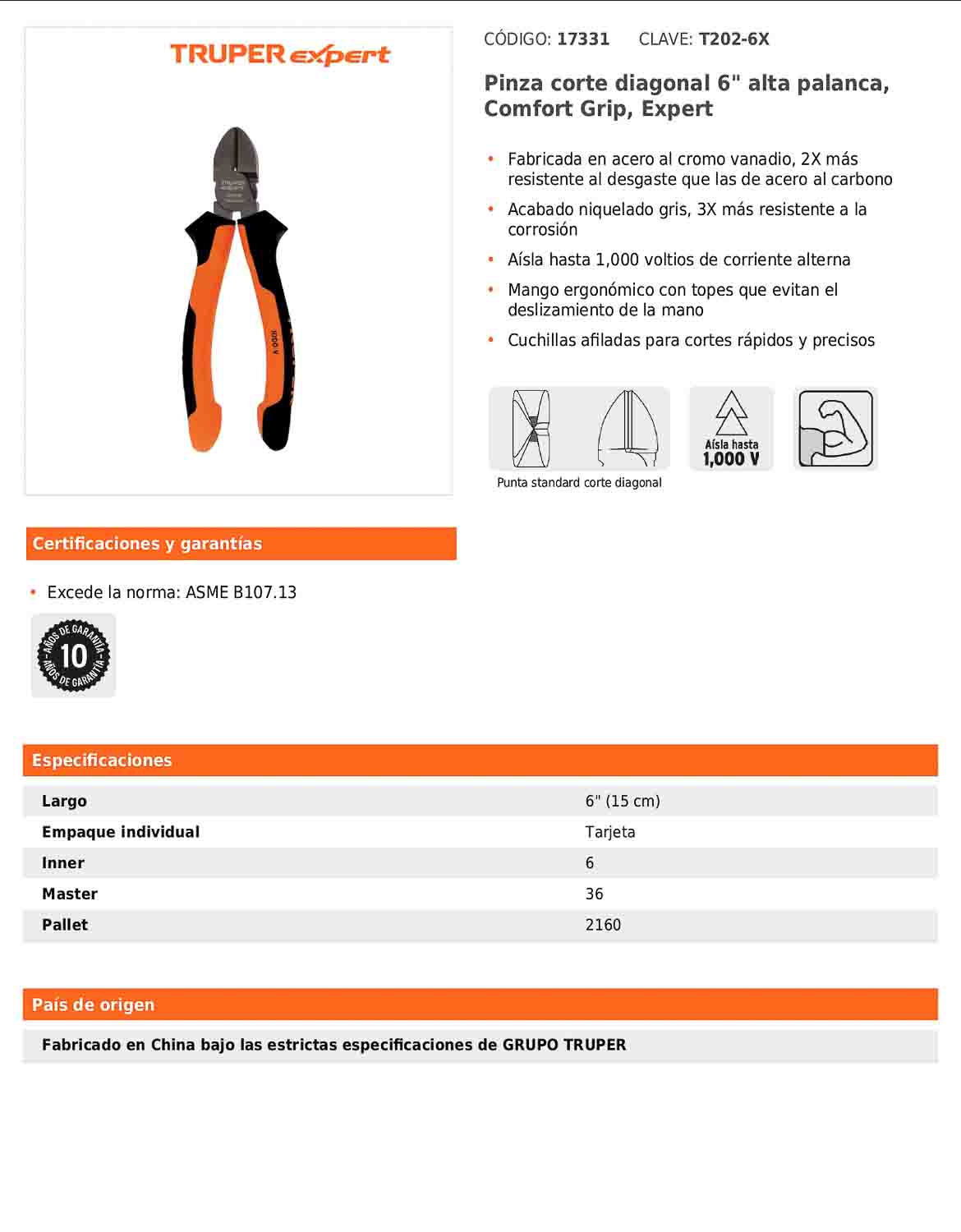 Pinza corte diagonal 6" alta palanca con mango Comfort Grip