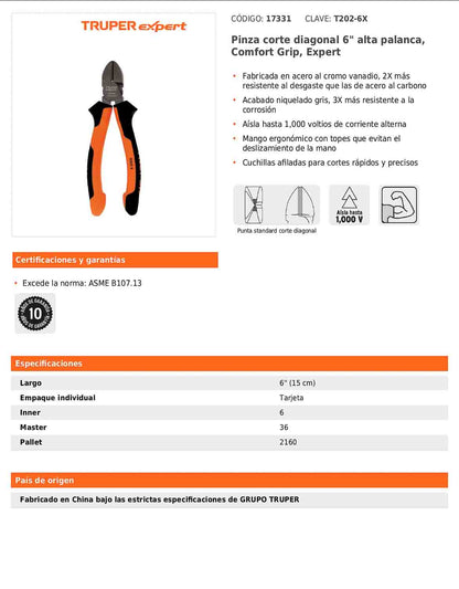 Pinza corte diagonal 6" alta palanca con mango Comfort Grip