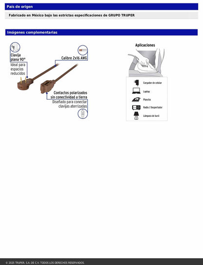 Extensión eléctrica doméstica de 5 m con clavija plana café