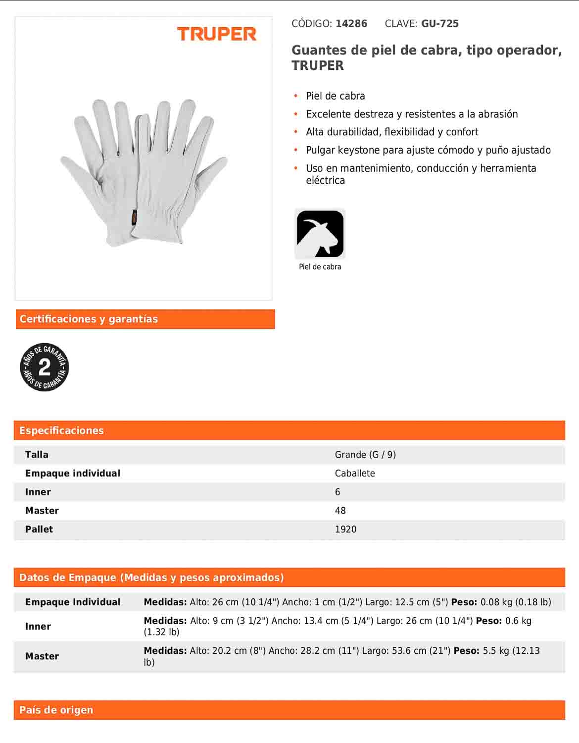 Guantes de piel de cabra tipo operador (GU-725)
